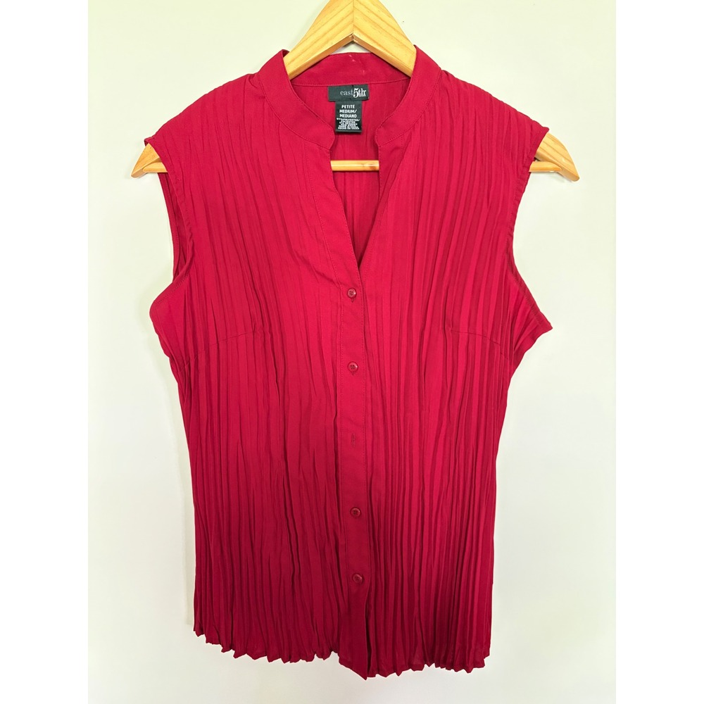 East‎ 5th Petite Red Sleeveless Accordion Pleated Button Down Blouse Medium PM